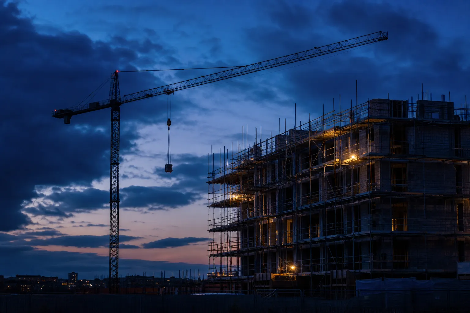 A residential development site with a construction crane against a UK skyline